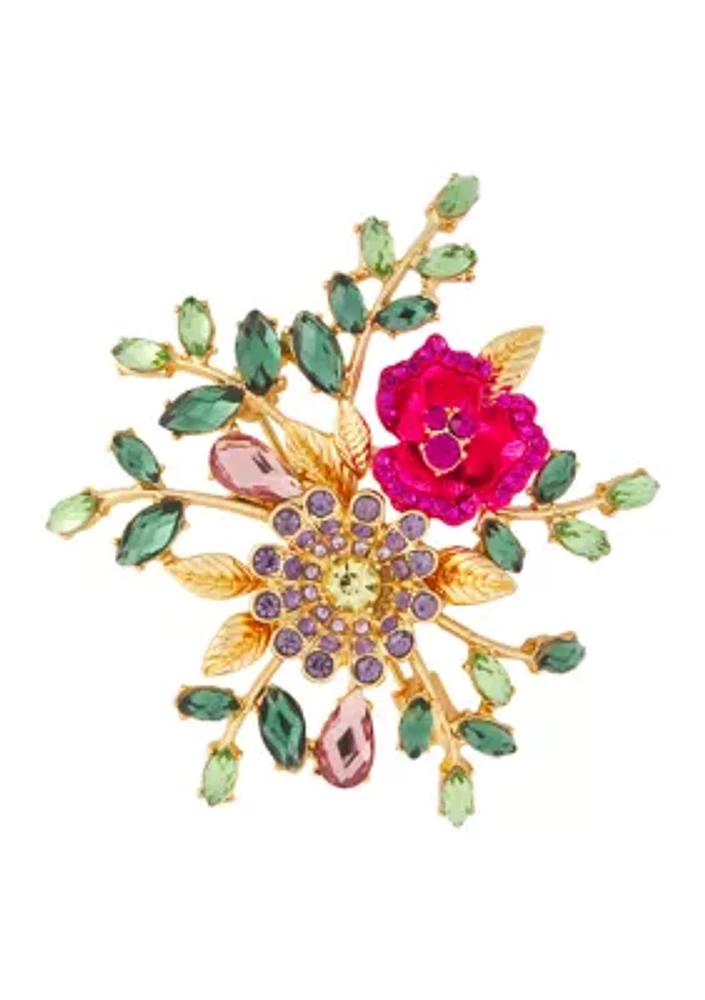 Gold Tone Multi Stone Flower Pin - Boxed