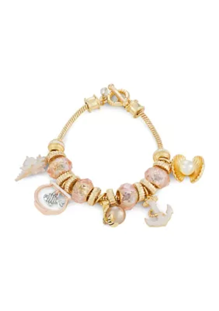 Gold Tone Pink Sealife Slider Bracelet - Boxed