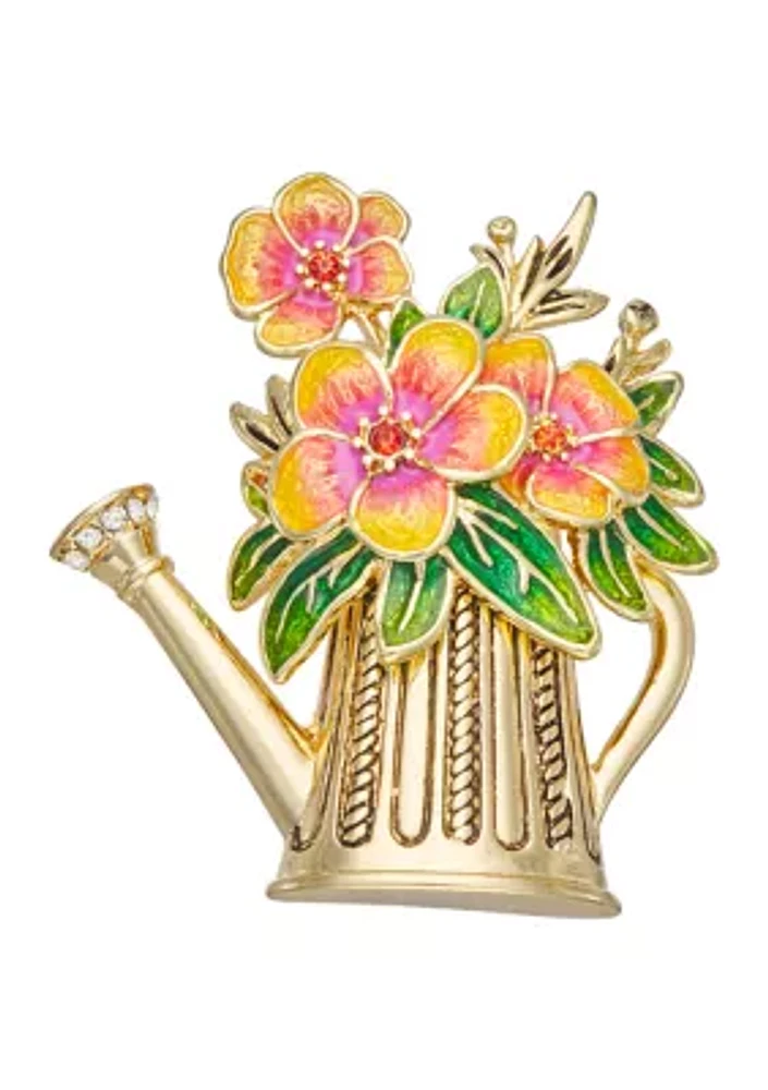 Gold Tone Garden Flower Pot Pin - Boxed