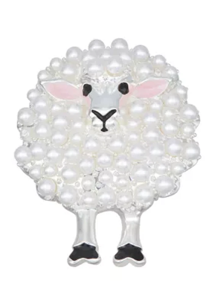 Silver Tone White Pearl Sheep Pin - Boxed 