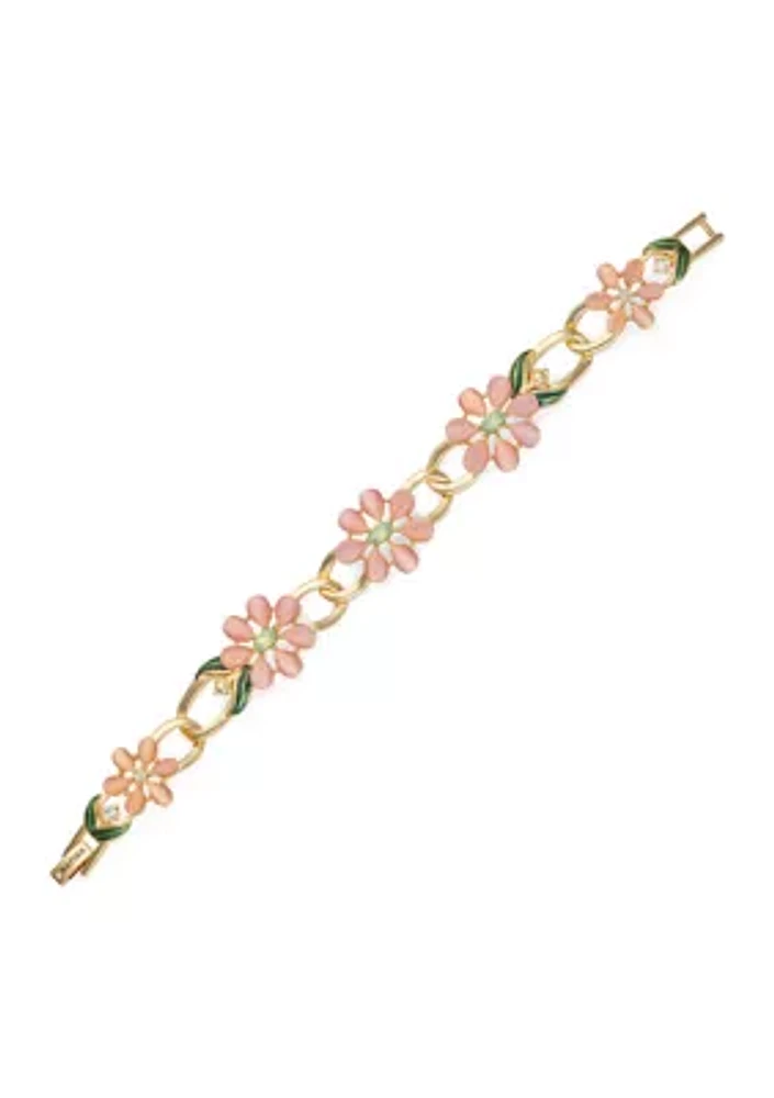 Gold Tone Pink Flower Flex Bracelet