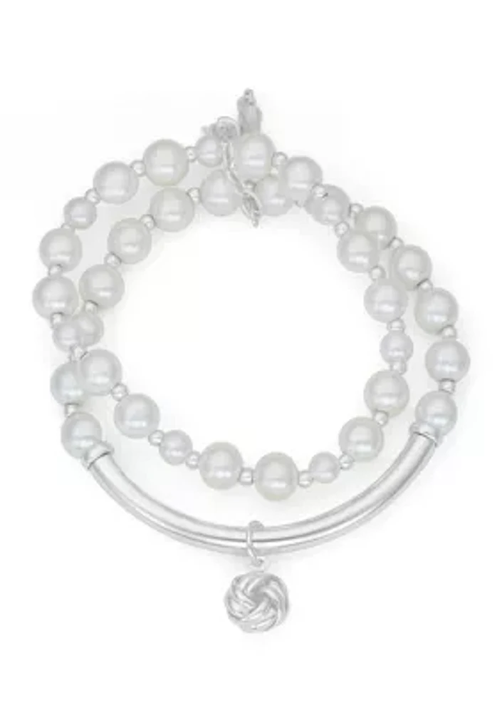 Silver Tone Pearl Stretch Bracelet - Set of 2