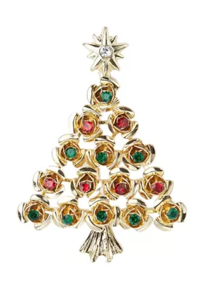 Gold Tone Flower Xmas Tree Pin