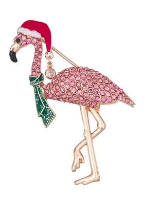 Rose Gold Tone Santa Flamingo Pin