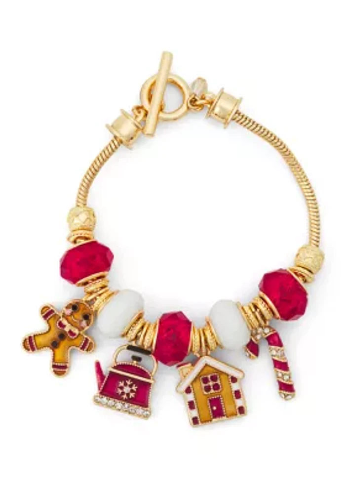 Gold Tone Gingerman Candy Cane Slider Bracelet