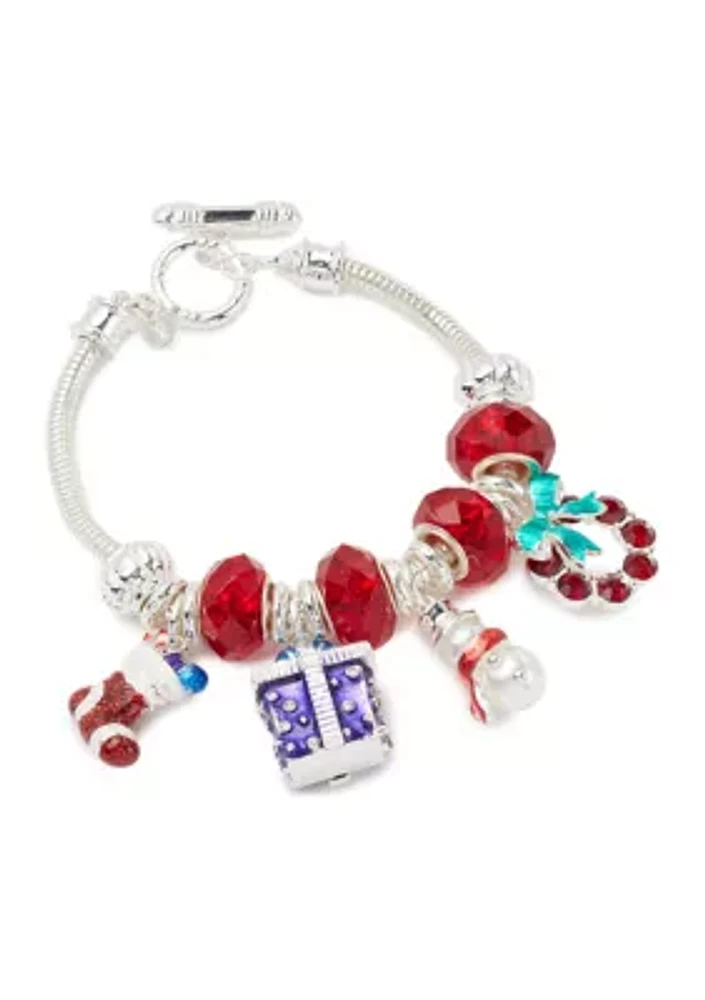 Silver Tone Xmas Charm Slider Bracelet