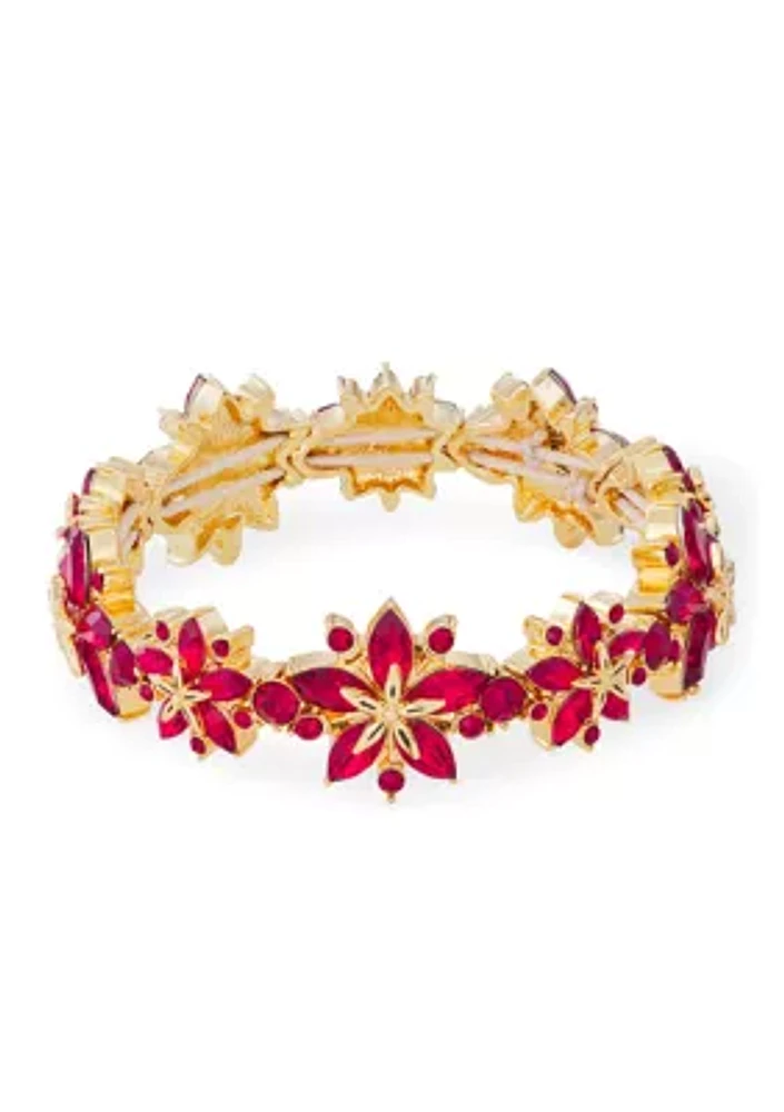 Gold Tone Red Poinsettia Stretch Bracelet