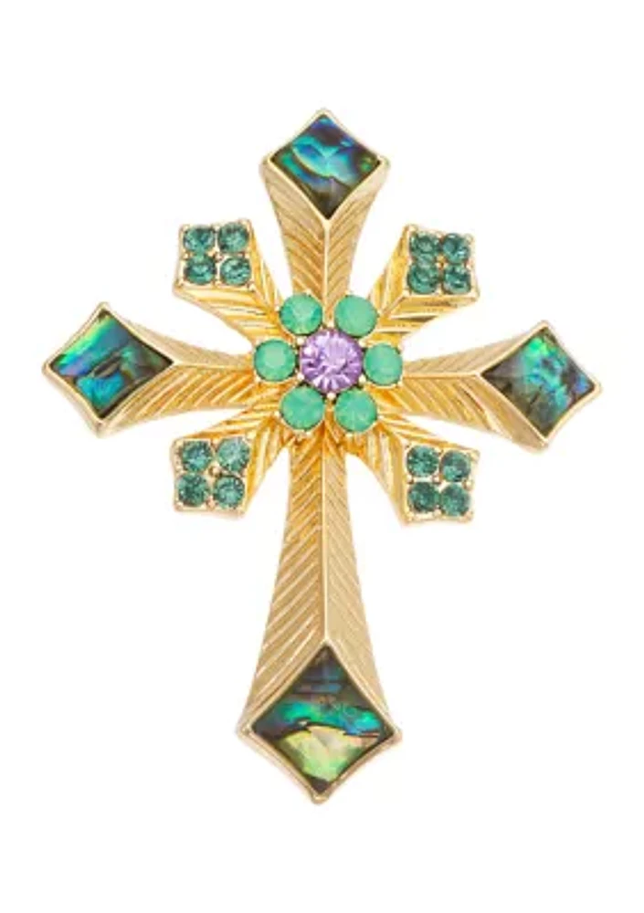 Gold Tone Boxed Green Abalone Cross Pin