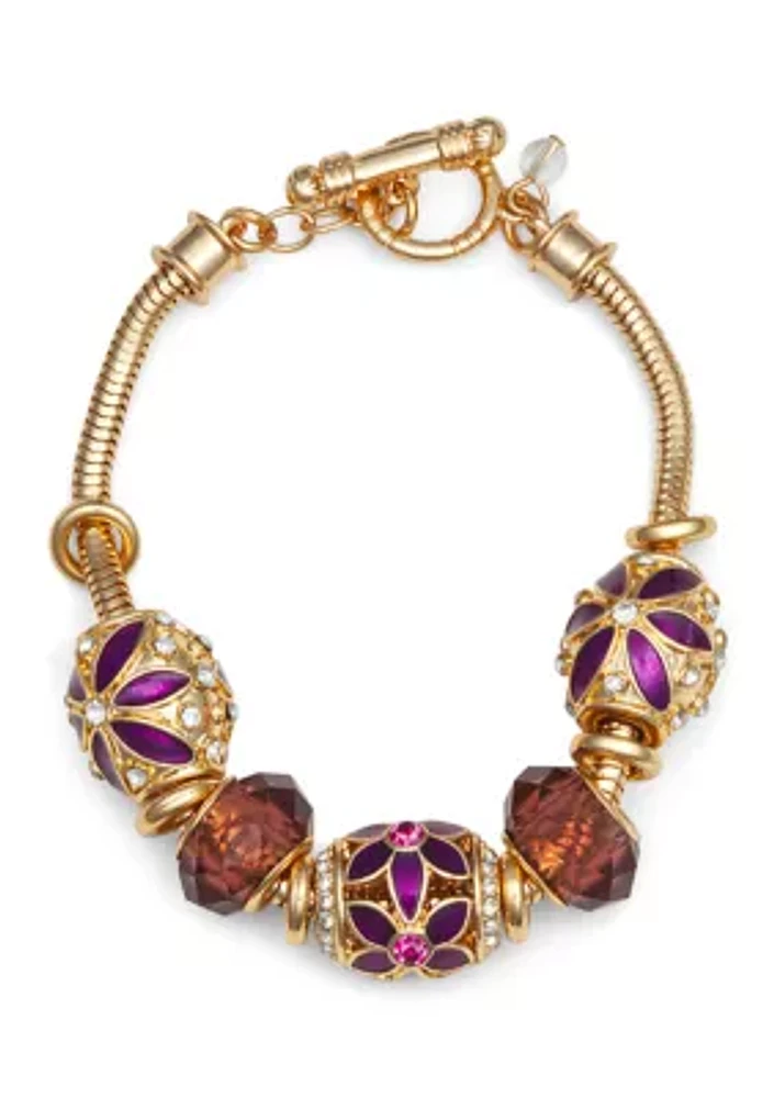 Gold Tone Purple Flower Slider Bracelet