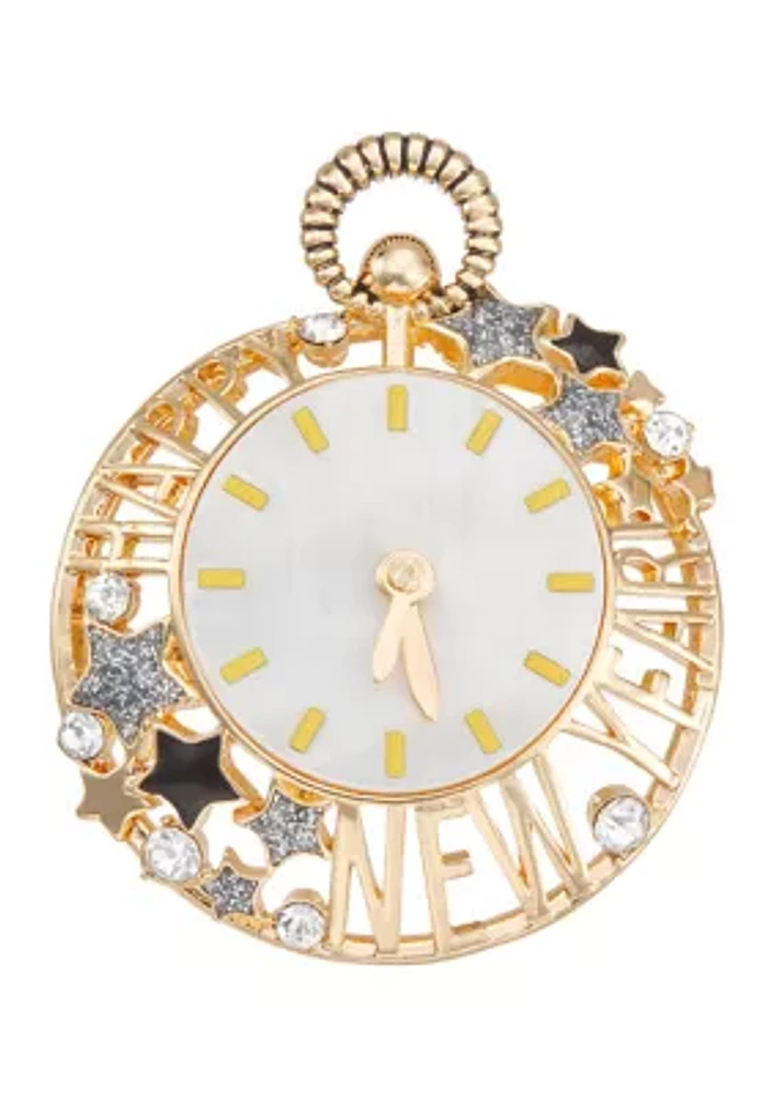 Gold Tone Boxed Multi NYE Clock Pin