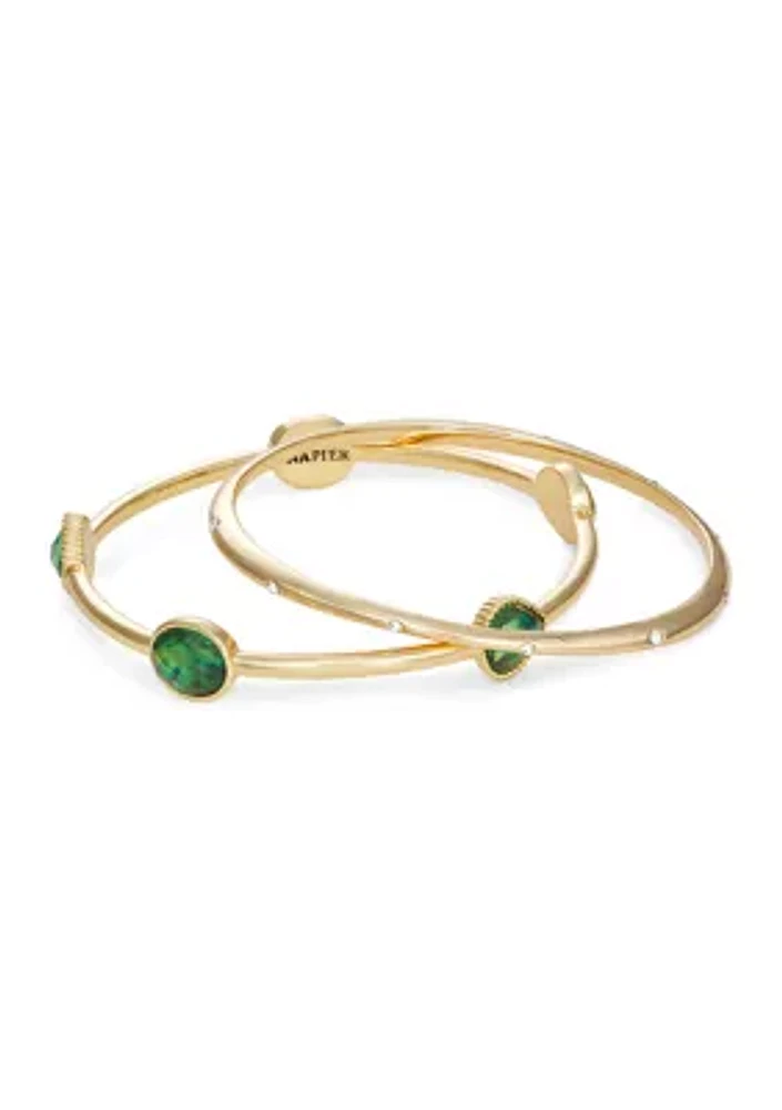 Gold Tone Green Abalone Bangle Bracelet Set