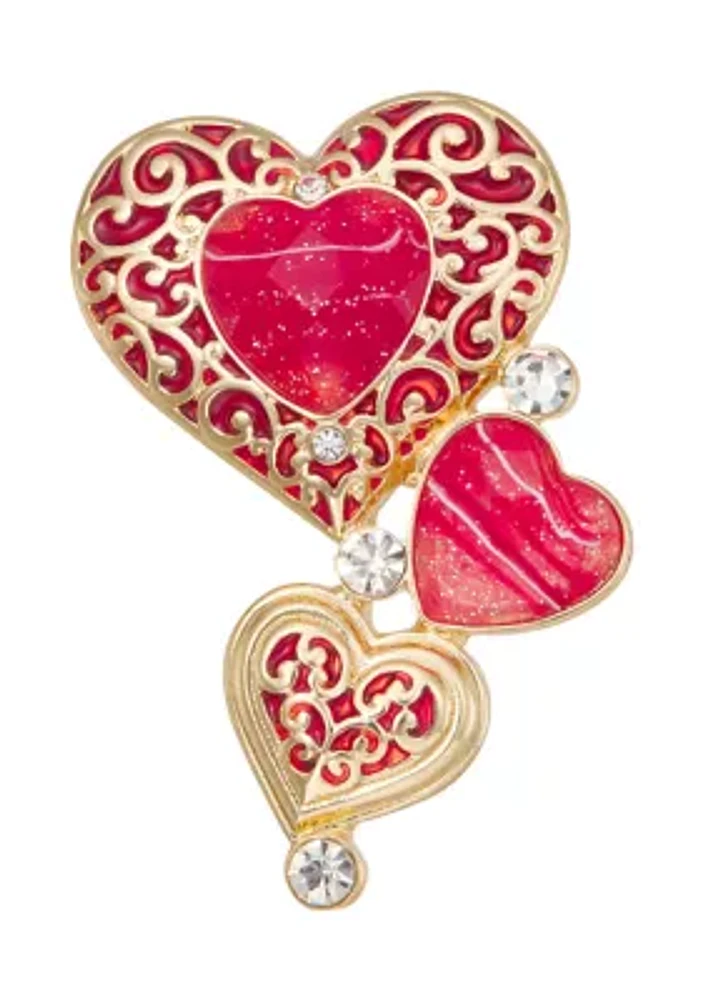 Gold Tone Boxed Red Double Heart Pin