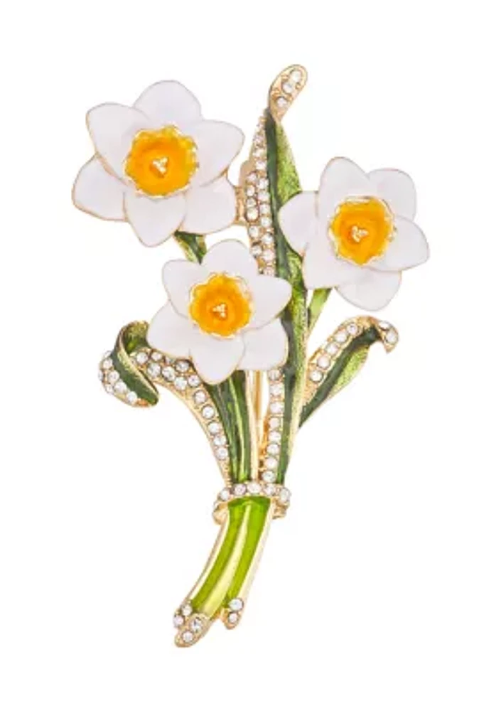 Gold Tone White Daffodil Pin - Boxed