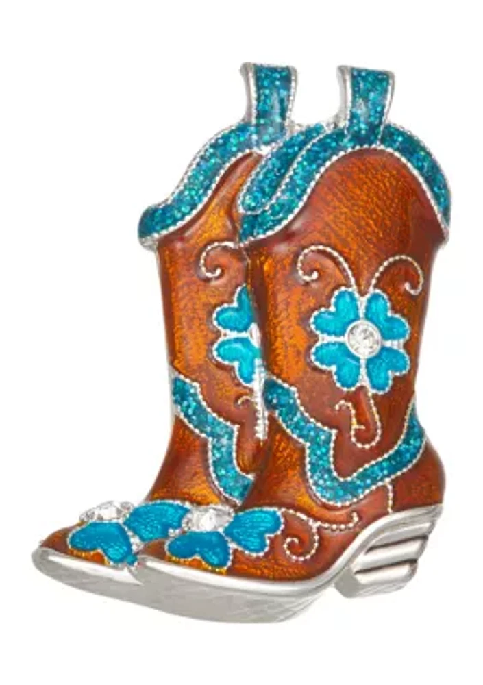 Silver Tone Blue Flower Cowboy Boots Pin