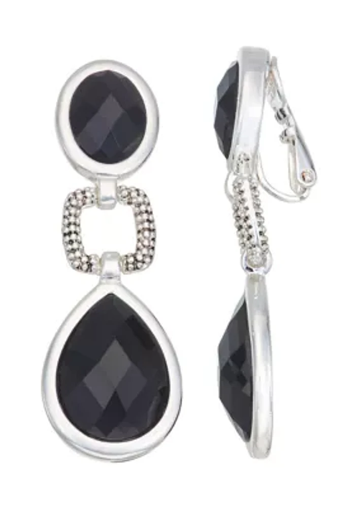 Silver Tone Black Linear Clip Earrings