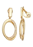 Gold Tone Social Cubic Zirconia Oval Drop Clip Earrings