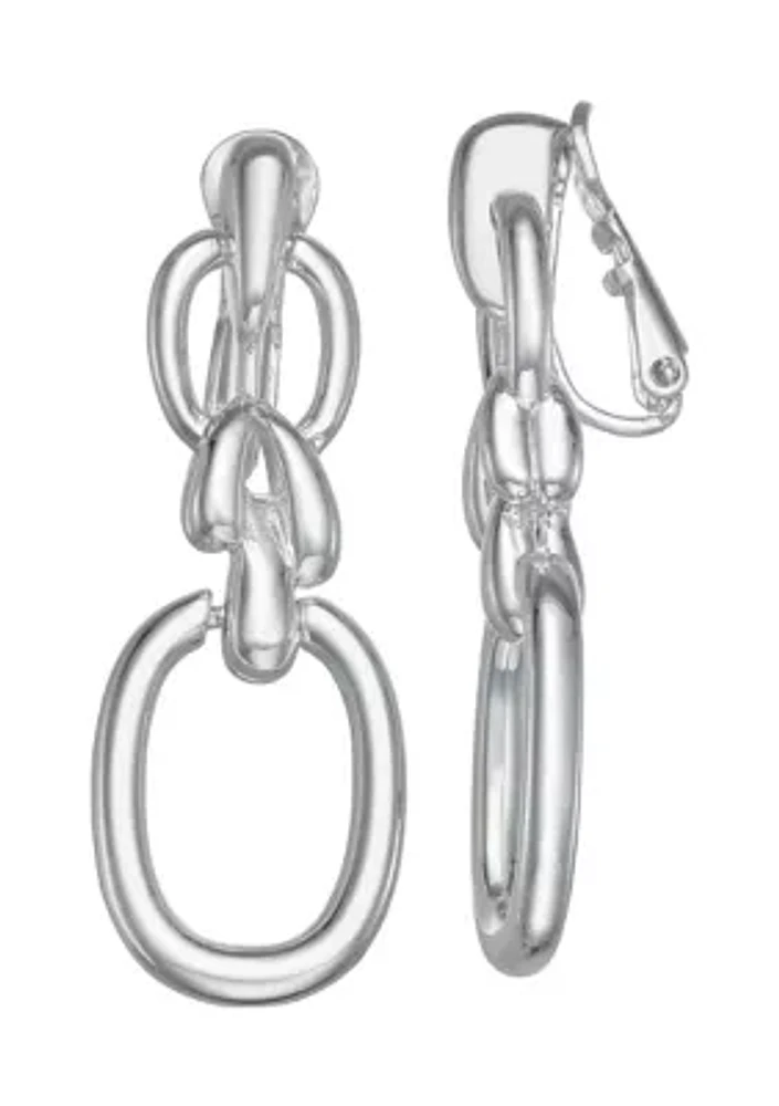 Silver Tone Link Linear Clip Earrings