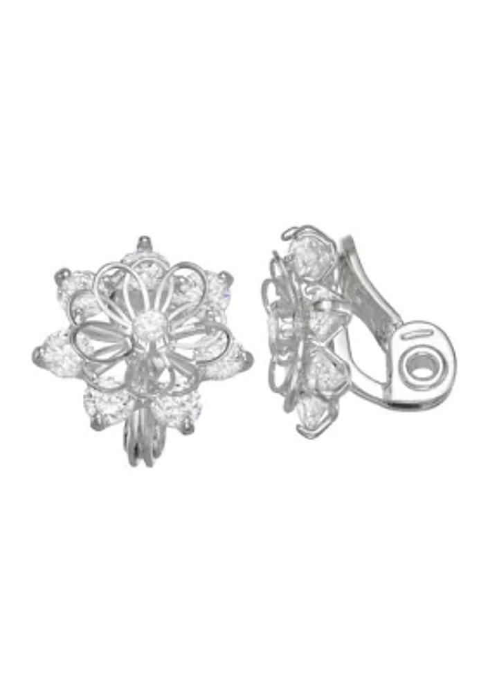 Silver Tone Crystal Cubic Zirconia Flower Stud Clip Earrings