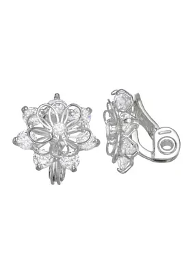 Silver Tone Crystal Cubic Zirconia Flower Stud Clip Earrings