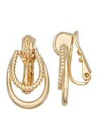 Gold Tone Texture Double Drop Clip Earrings