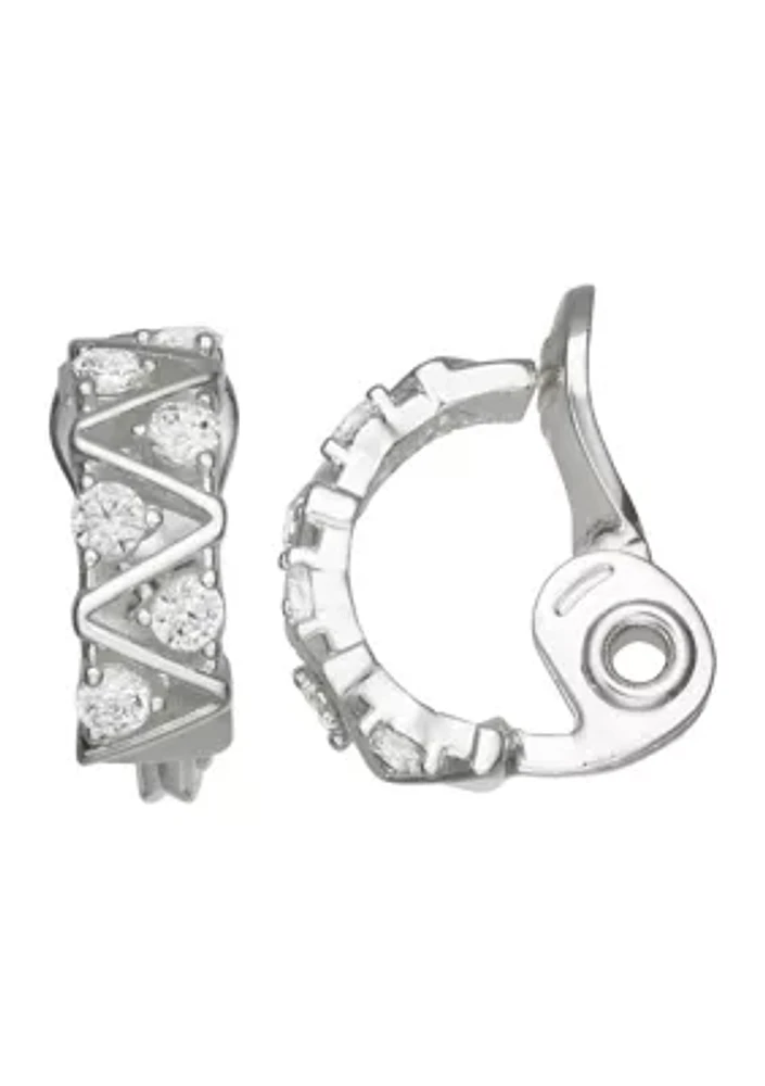 Silver Tone 16 mm Cubic Zirconia Hoop Clip Earrings