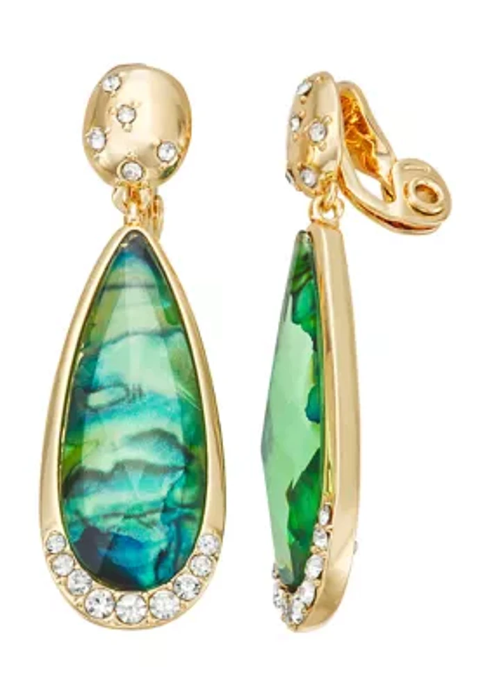 Gold Tone Green Abalone Long Oval Clip Earrings