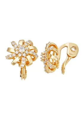 Gold Tone Crystal Flower Stud Clip Earrings