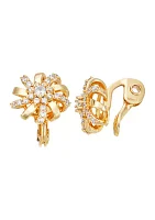 Gold Tone Crystal Flower Stud Clip Earrings