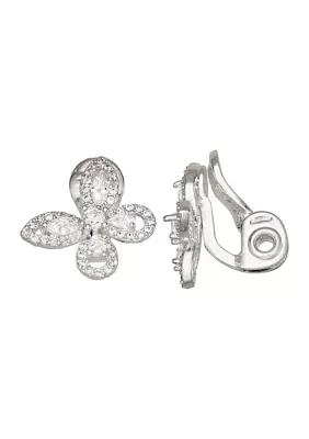 Silver Tone Crystal Flower Stud Clip Earrings