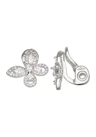 Silver Tone Crystal Flower Stud Clip Earrings