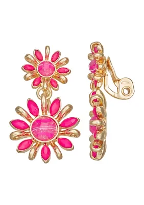 Gold Tone Pink Flower Double Drop Clip Earrings