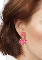 Gold Tone Pink Flower Double Drop Clip Earrings