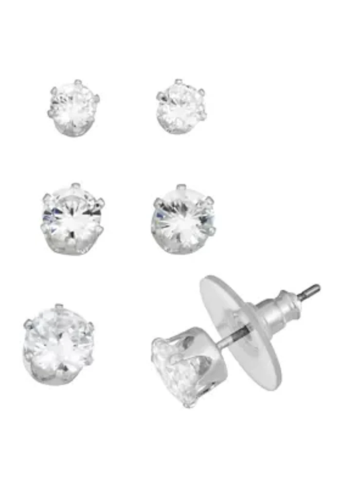 Silver Tone Crystal Stud Trio Earrings