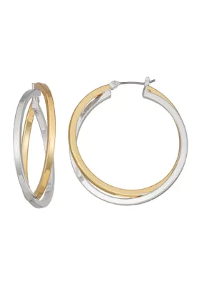 Two Tone 35 Millimeter Crisscross Hoop Earrings