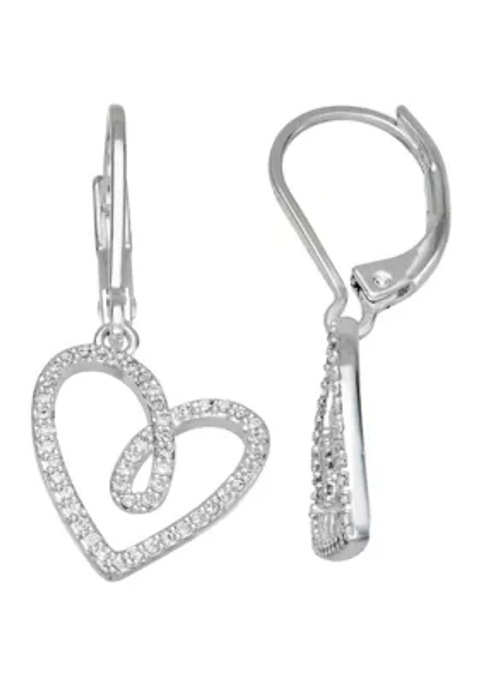 Silver Tone Crystal Cubic Zirconia Heart Drop Lever Back Earrings