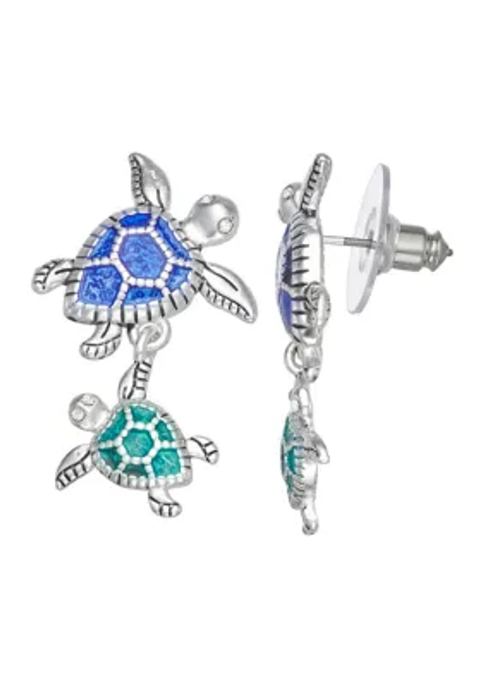 Silver Tone Blue and Green Turtle Double Drop Earrings