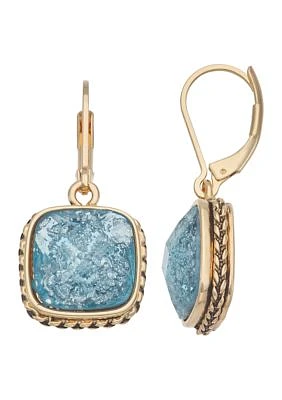 Gold Tone Aqua Square Drop Earrings