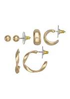 Gold Tone Stud Hoop Trio Earrings