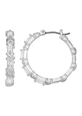 Silver Tone 25 Millimeter Crystal Cubic Zirconia Hoop Earrings