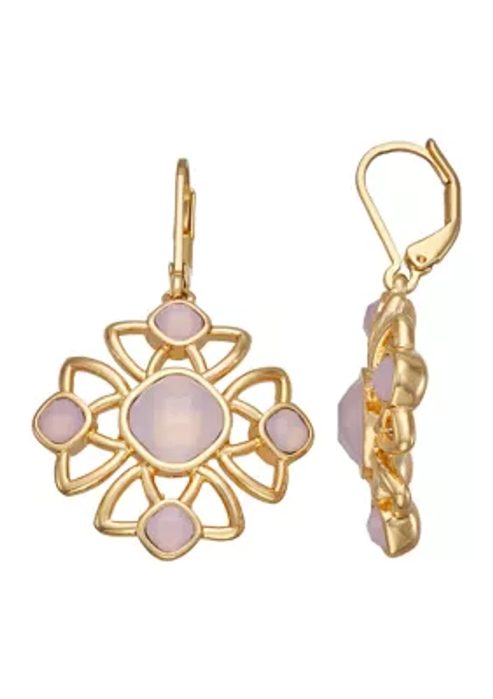 Gold Tone Rose Lever Back Drop Earrings