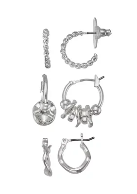 Silver Tone Hoop Trio Earrings Set