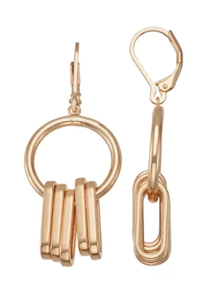 Gold Tone Rings Double Drop Earrings