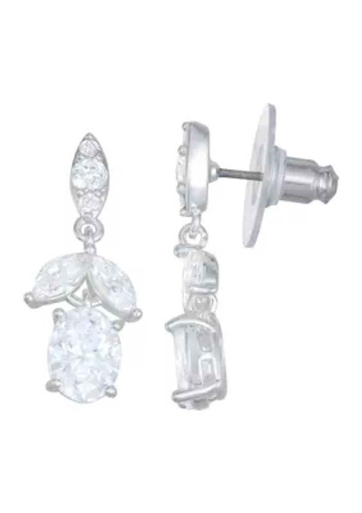 Silver Tone Crystal Cubic Zirconia Flower Double Drop Earrings