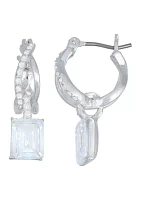 Silver Tone Crystal Cubic Zirconia Square Drop Earrings