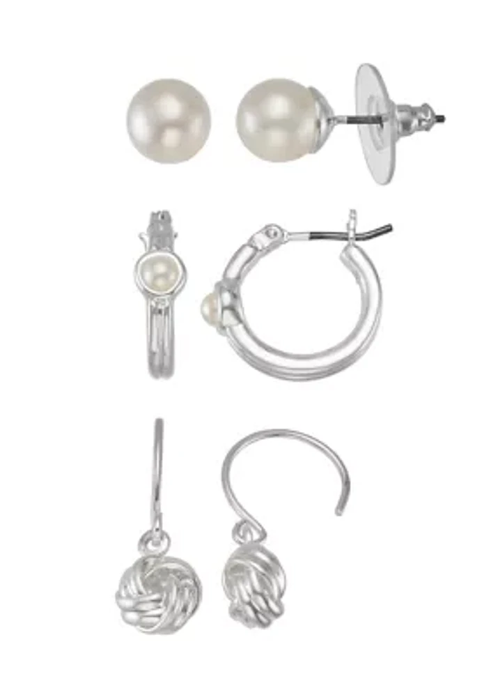 Silver Tone Pearl Trio Earring Set