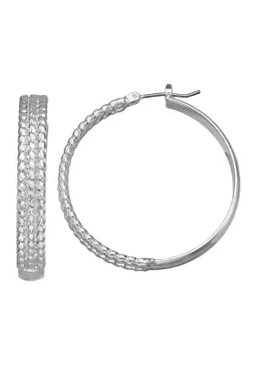 Silver Tone Round Textured Hoop Earrings