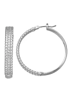 Silver Tone Round Textured Hoop Earrings