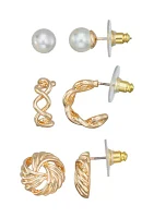 Gold Tone Open Pearl Stud Trio Earrings Set