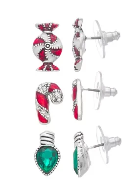 Silver Tone Holiday Trio Earring Set