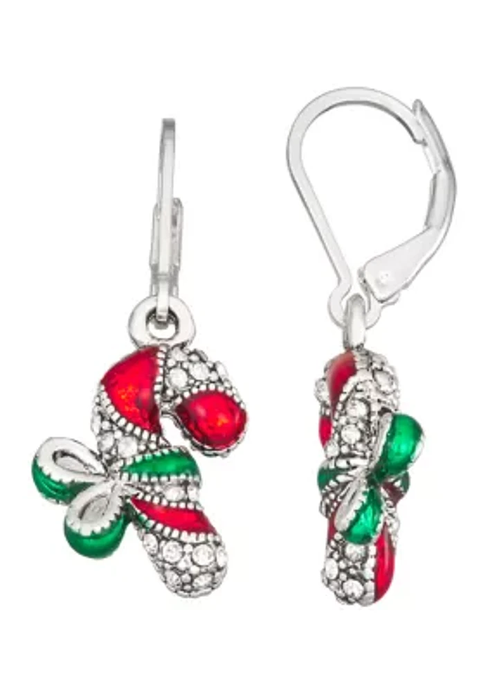 Silver Tone Red Candy Cane Drop Earrings